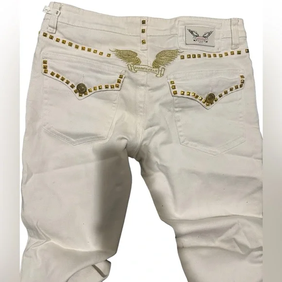 Robin’s Jeans Men’s Sz 29 Studded Gold white Designer Fashion Flap Button Wing